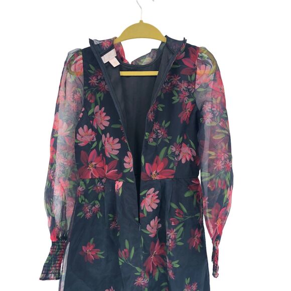 New NoTag Rachel Parcell Floral Tie Neck Long Sleeve Organza Satin Dress Size 4 - Picture 6 of 8